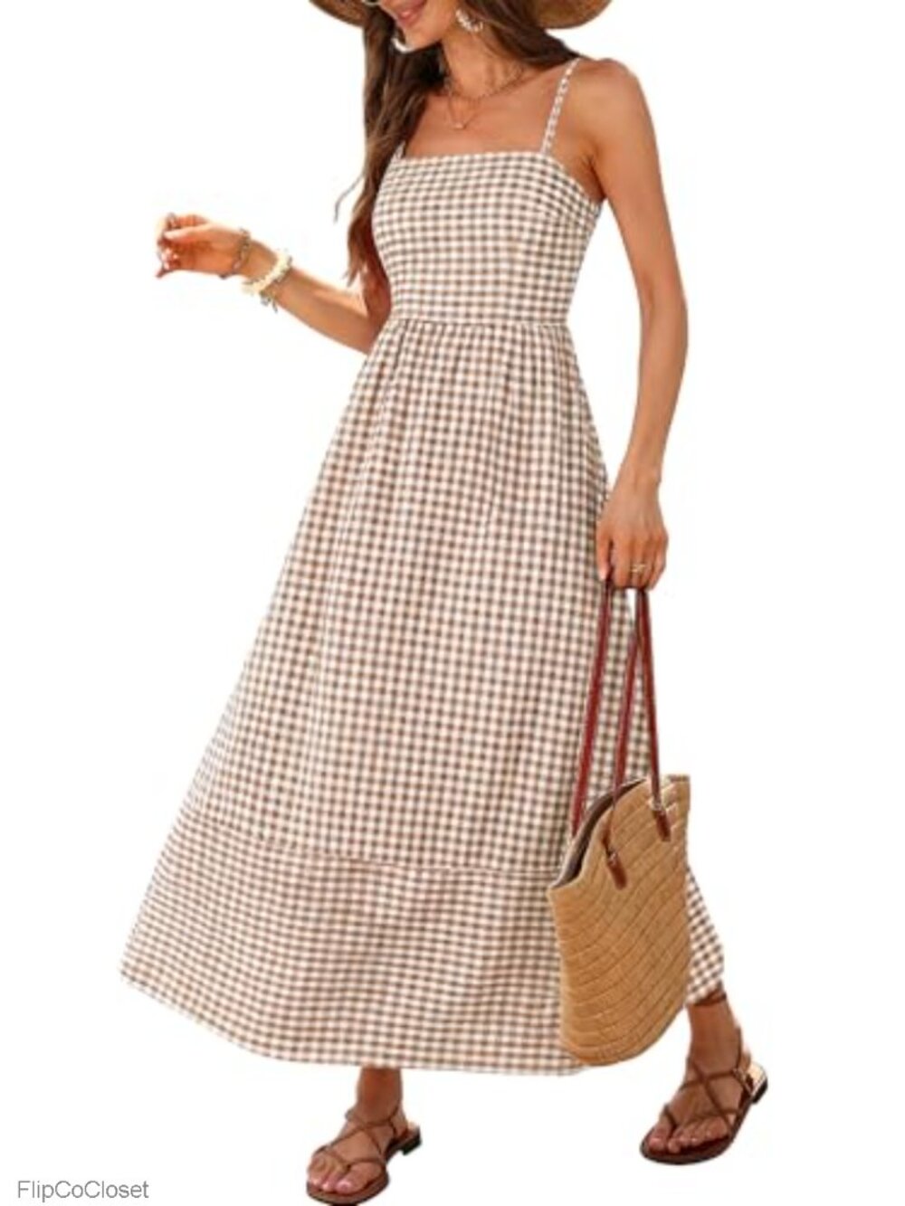 100% Rayon Gingham Maxi Dress Sleeveless A-Line Smocked Back Pockets